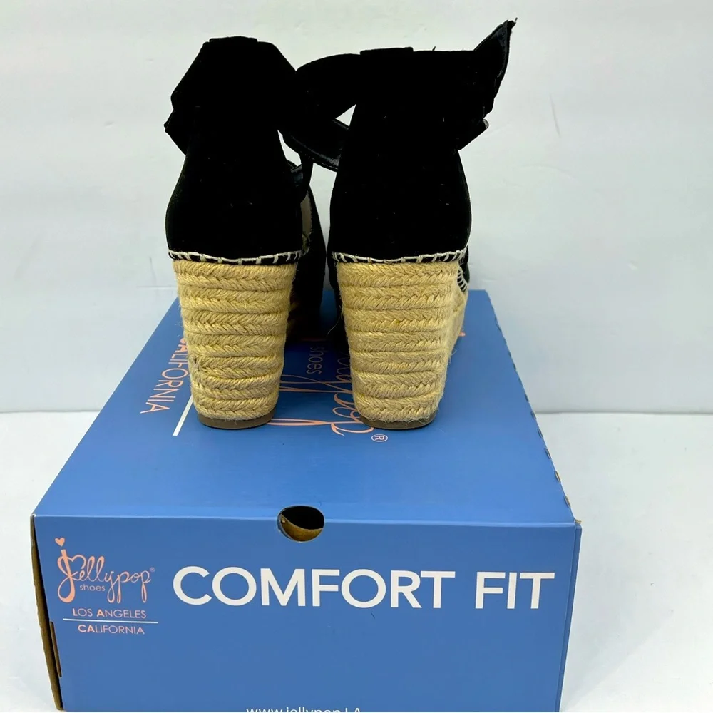 JELLYPOP, RAVISHING BLACK ESPADRILLE, PEEP TOE, WEDGES ADJUSTABLE ANKLE LOOP,10M - Picture 3 of 16